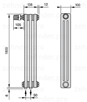 Схема (чертеж) Радиатор Zehnder Charleston 3180/3 №V007 Белый глянцевый RAL 9016